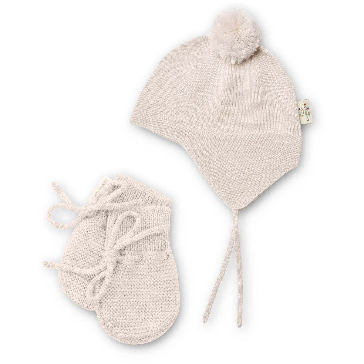 COPENHAGEN COLORS Pale Cream Melange Merino Stickad Baby Bonnet M/ Pompom + Baby Vantar