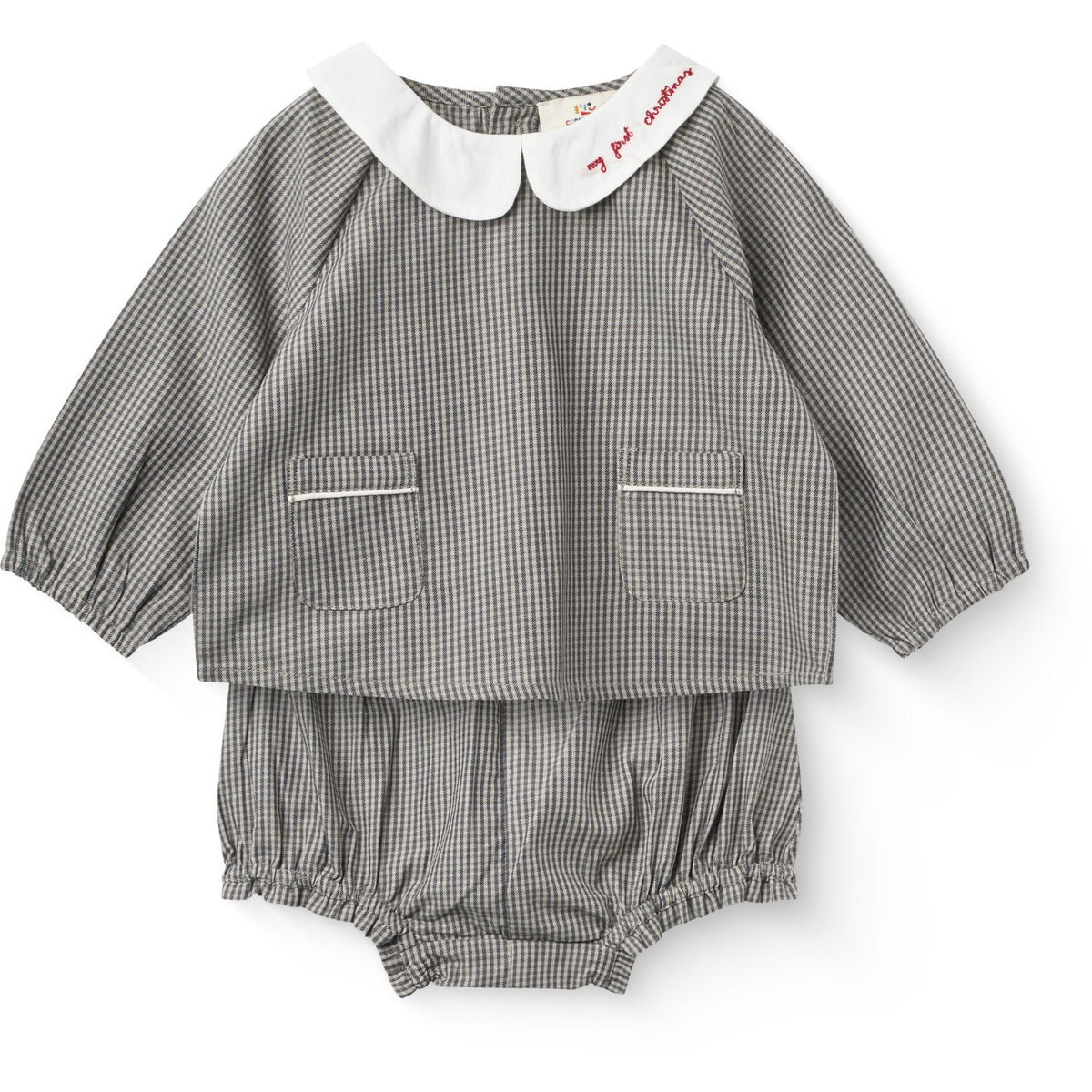 COPENHAGEN COLORS Grey Check Comb. Checkered Emb. Baby Sett M/ Blus Och Bloomers