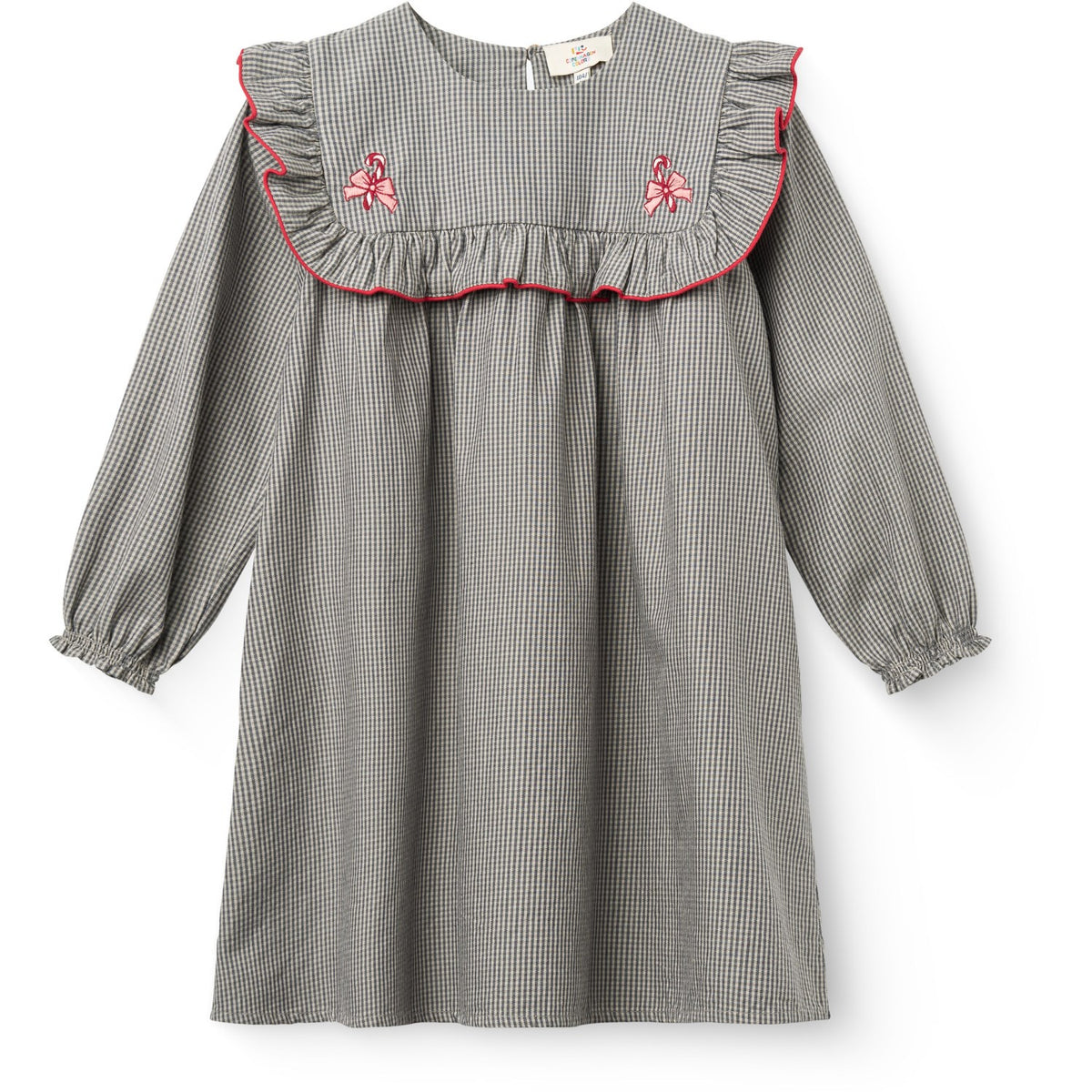 COPENHAGEN COLORS Grey Check Comb Long-Sleeved Klänning Med All-Over Embroidery