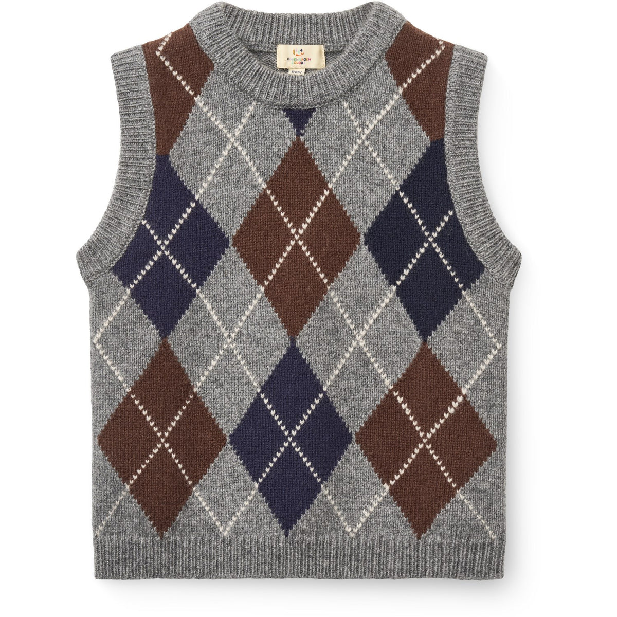 COPENHAGEN COLORS Grey Mel./Dk. Brown/Navy Comb. Argyle Stickad Väst