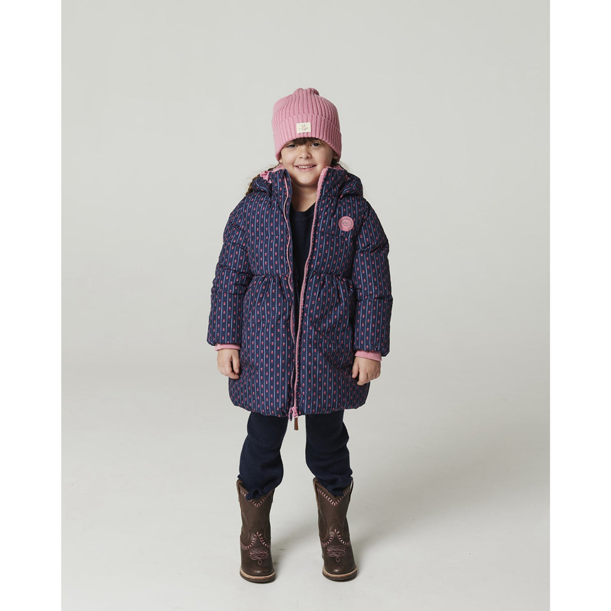 COPENHAGEN COLORS Navy Flower Aop Puffer Long Frill Jacka M/ Teddy Lining