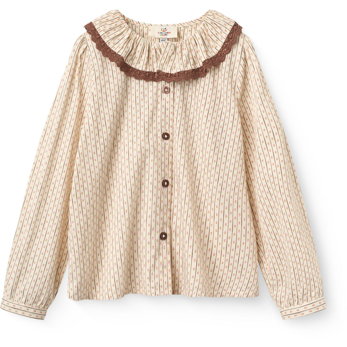 COPENHAGEN COLORS Sand Flower Print Aop Skjorta M/ Frill & Lace Piping