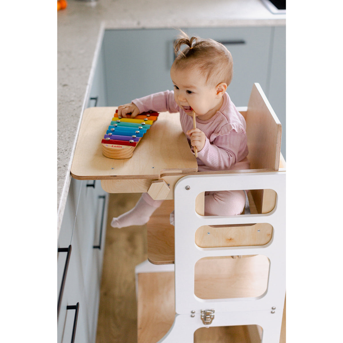 Duck Woodworks White Foldbar EC Kitchen Tower Med Højt Stol Addon Sett