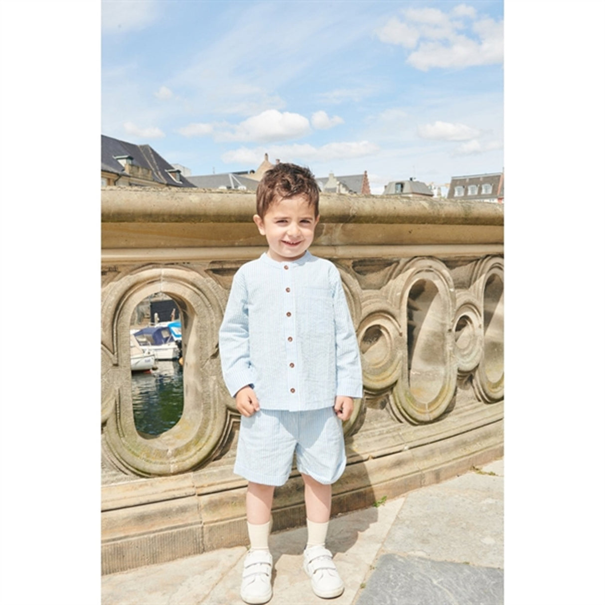 Copenhagen Colors Sky Blue W Cream Stripe Seersucker Sporty Shorts