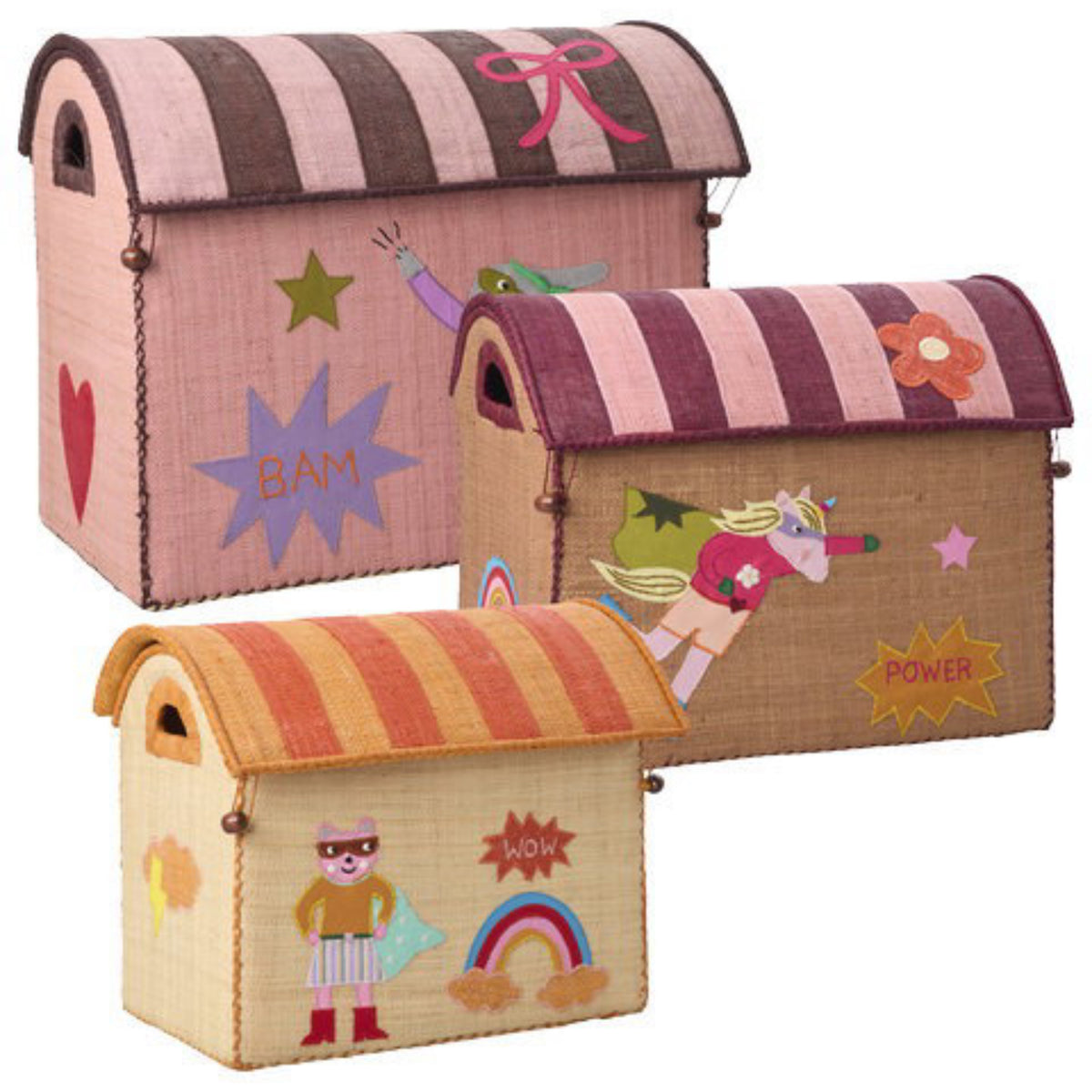 Rice Raffia Leksak Baskets Med Hero Theme - Pink - Sett Of 3