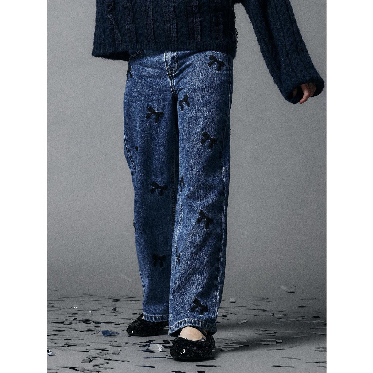 Name It Dark Blue Denim Embroidery Rose Wide Jeans