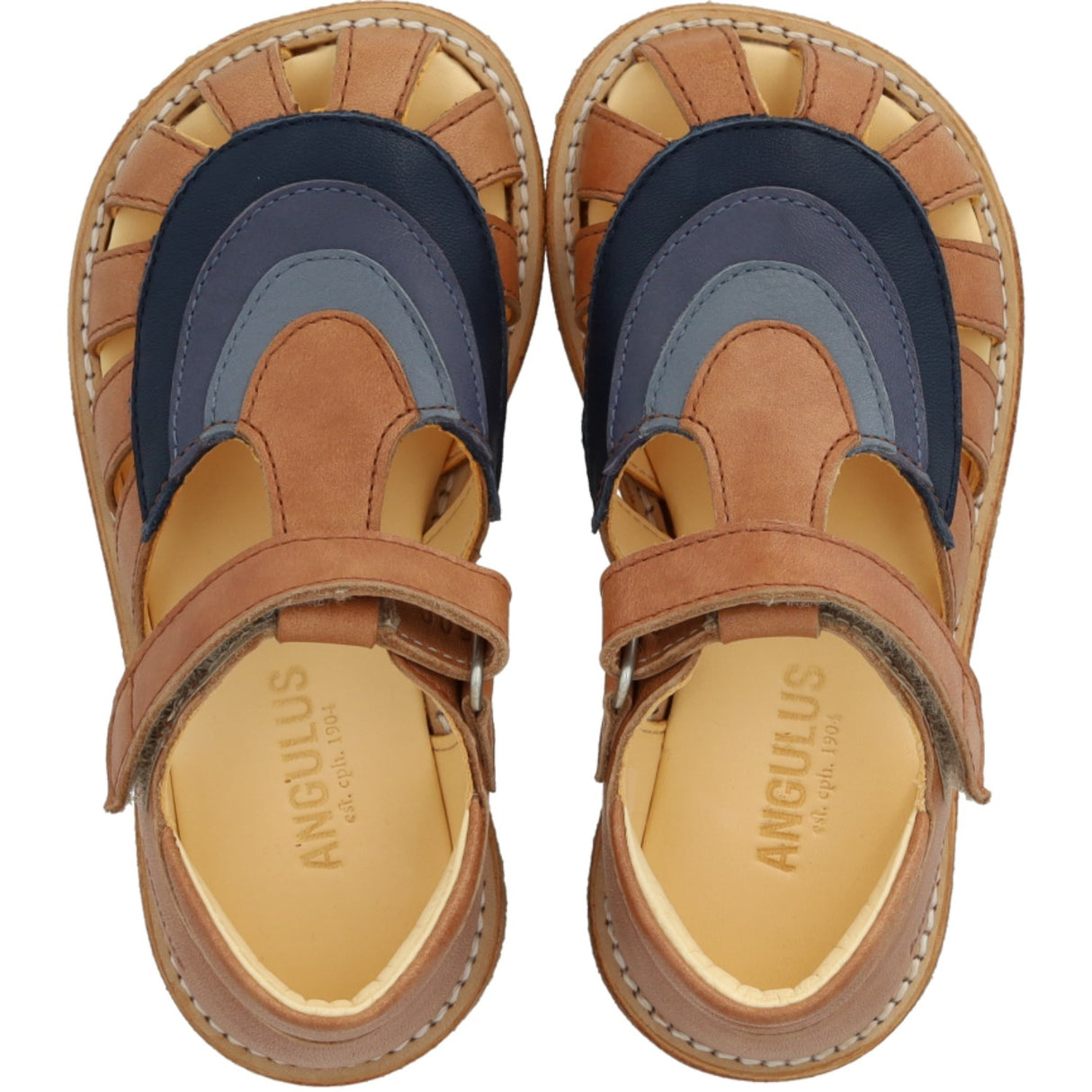 Angulus Tan/Navy/Indigo/Blue Foch Colourblock Regnbuesandal Med Kardborreband