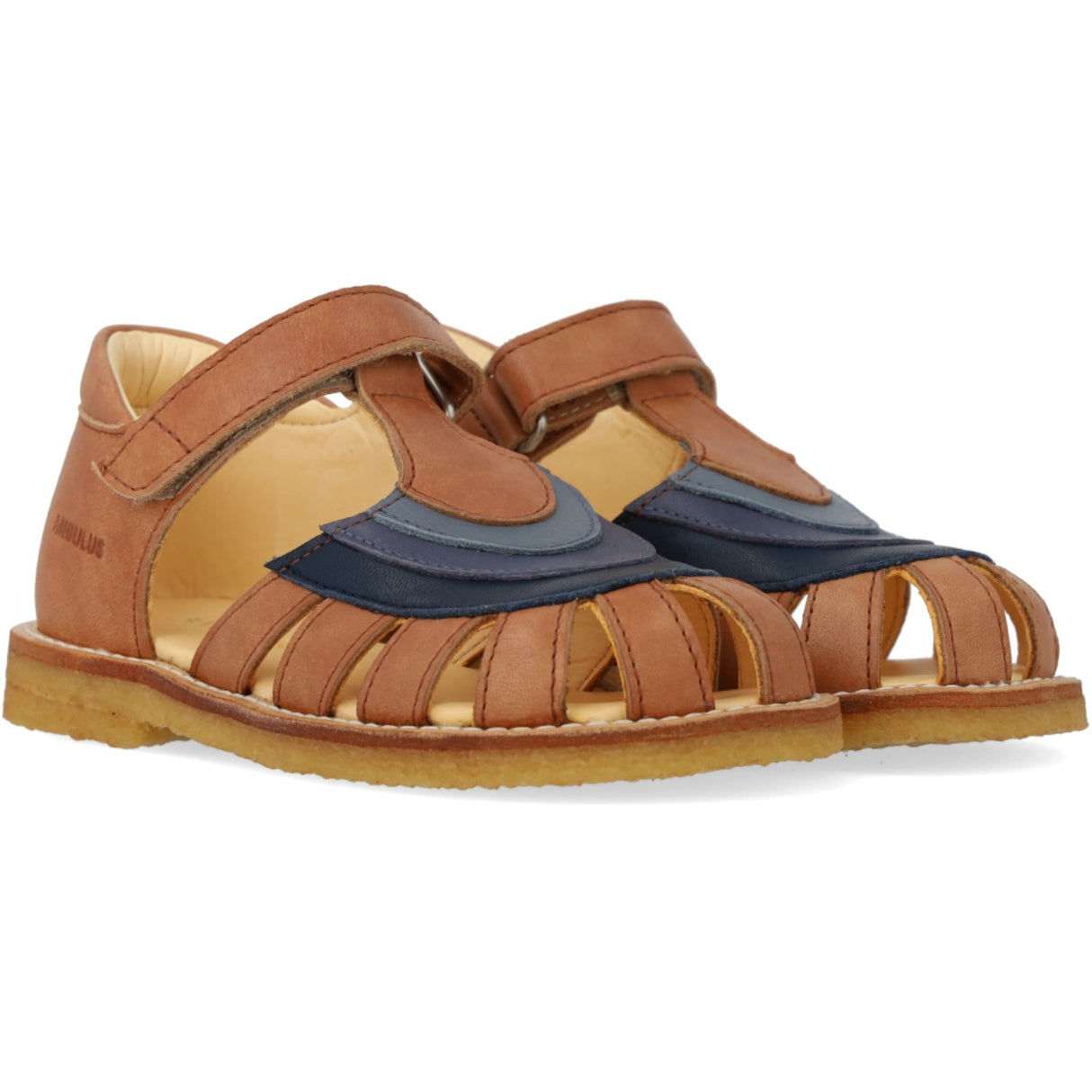 Angulus Tan/Navy/Indigo/Blue Foch Colourblock Regnbuesandal Med Kardborreband