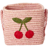 Rice Raffia Square Korg Med Big Cherry Embroidery - Raffia Handles - Small