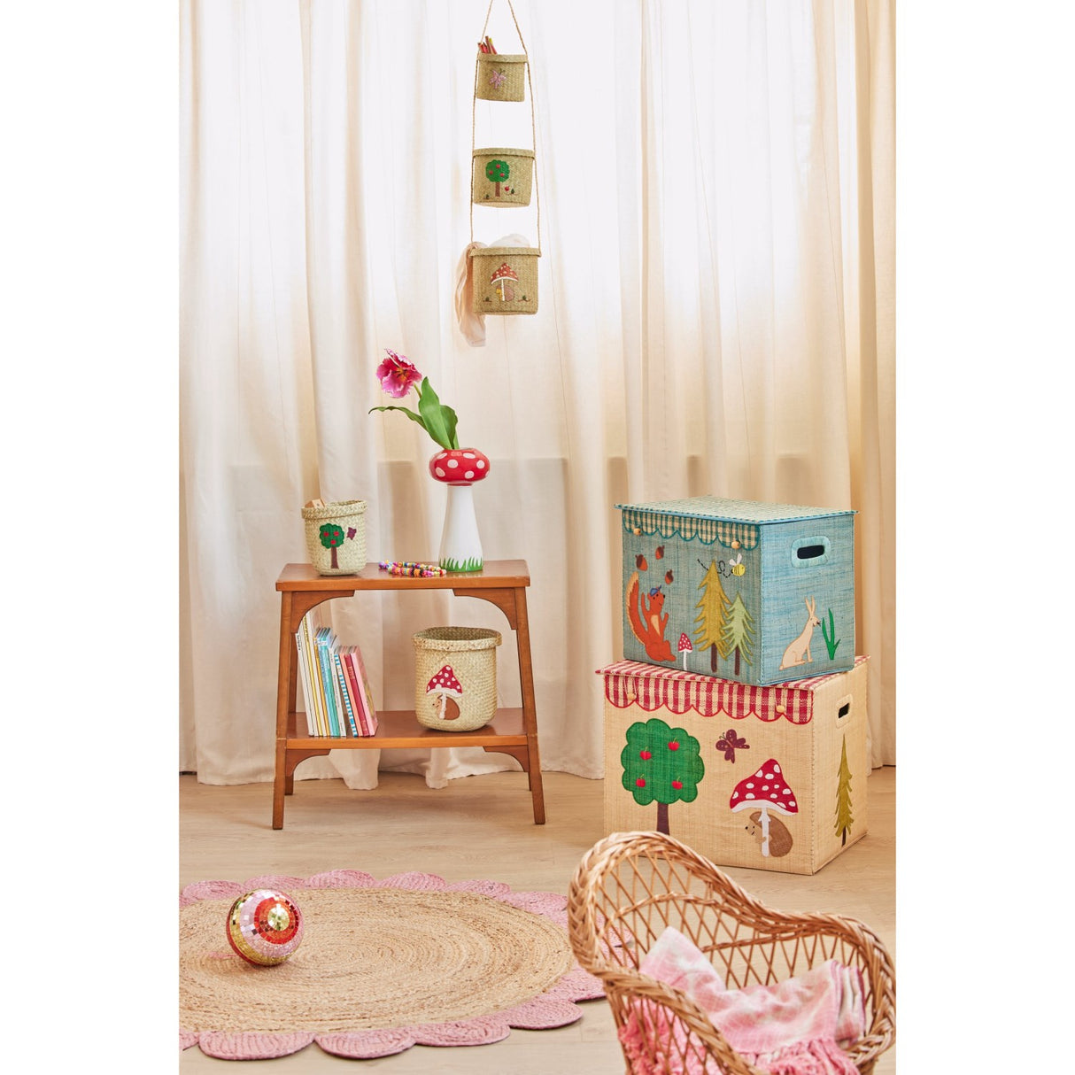Rice Raffia Förvaring Box Med Happy Forest Theme - Large - Foldable