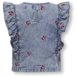 Kids ONLY MINI Medium Blue Denim Cherry Embroidery Dandy Frill Cherry Topp Denim