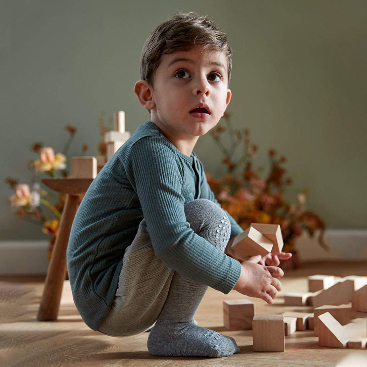 Gobabygo Grey Melange Crawling Strumpbyxar Organic Bomull