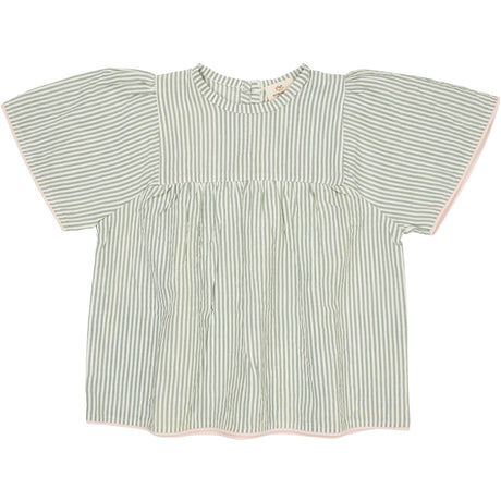 COPENHAGEN COLORS Green W Cream Stripe W. Dusty Rose Seersucker Blus W. Contrast Edge