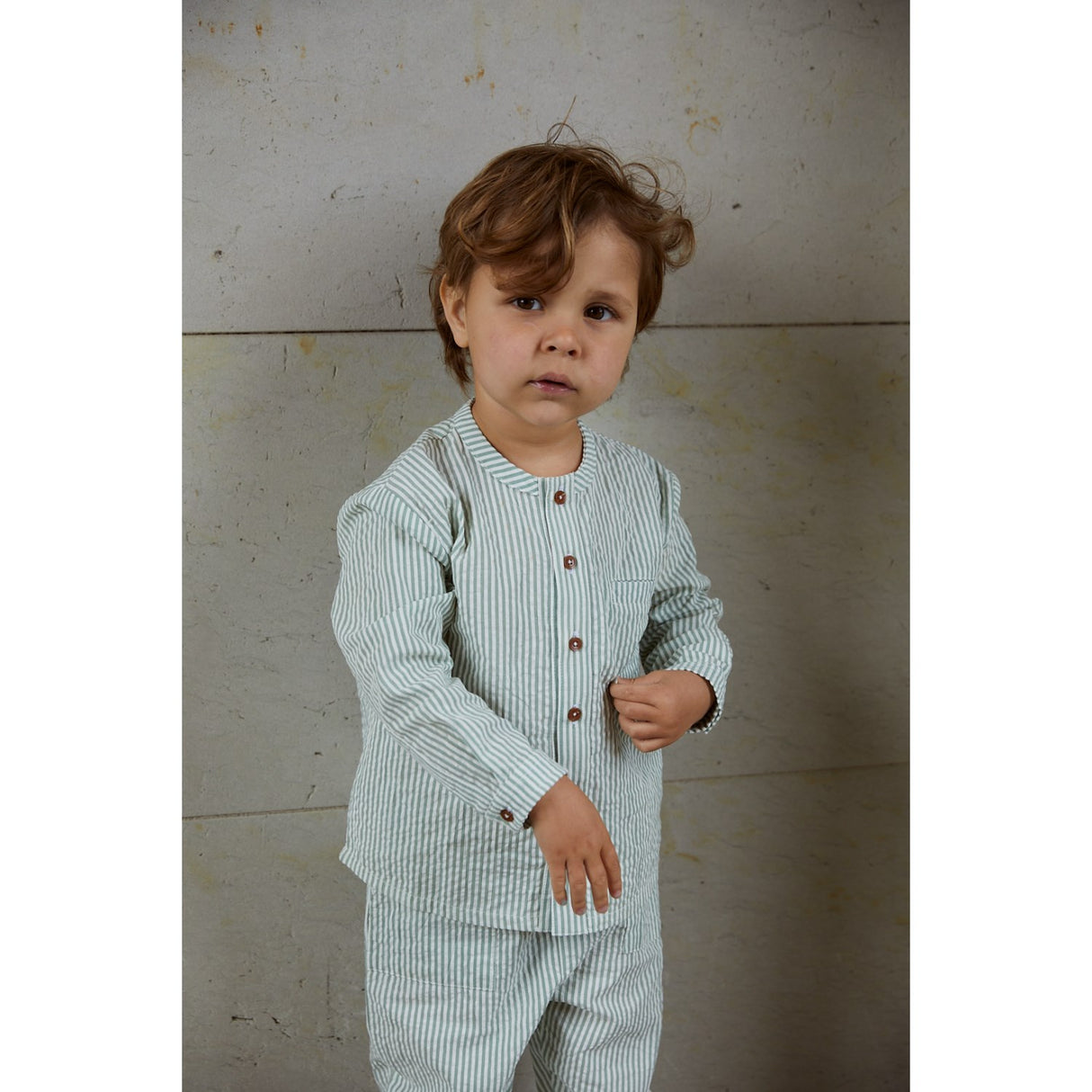 COPENHAGEN COLORS Green W Cream Stripe Seersucker Skjorta W. Placket