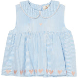 COPENHAGEN COLORS Sky Blue W Cream Stripe W. Soft Pink Seersucker Ss Blus W. Hearts