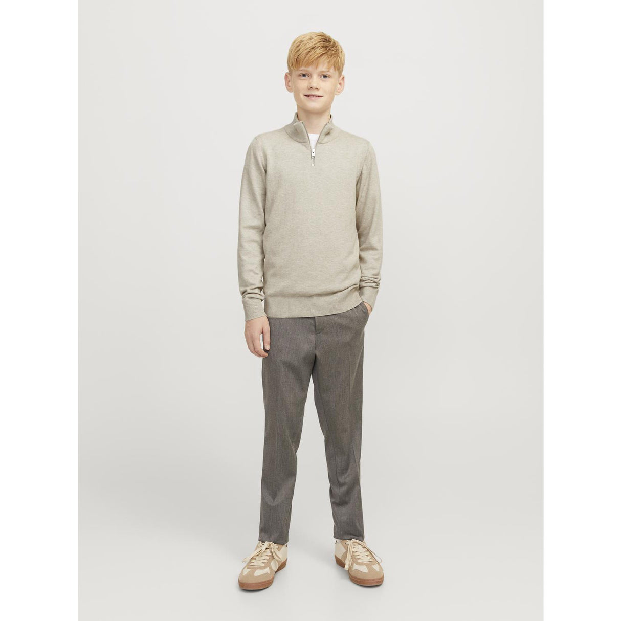 Jack & Jones Junior Oatmeal Melange Jjeemil Stickad Half Zip Noos Jnr
