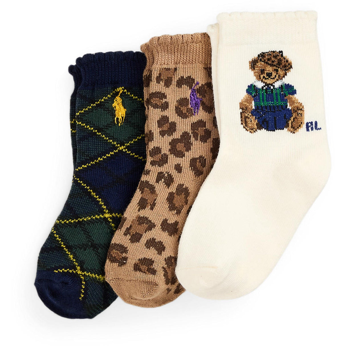 Ralph Lauren Baby Ivory/Navy/Tan Baby Girl Crew Strumpor 3-Pack