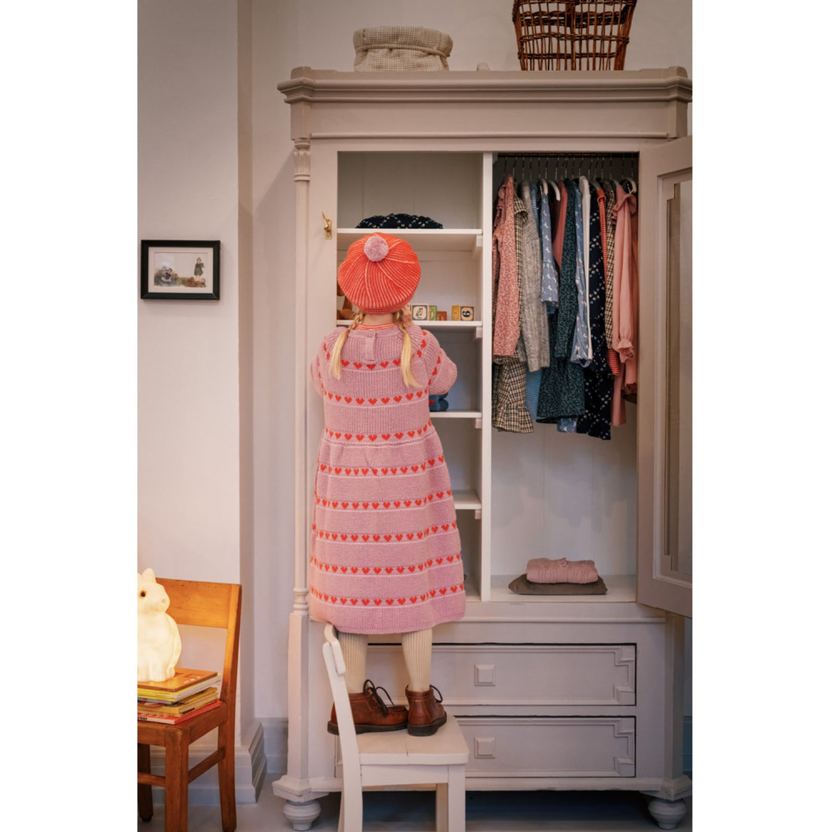 MarMar Light Cotton Wool Pattern Soft Berry Hearts Daso Stickad Klänning