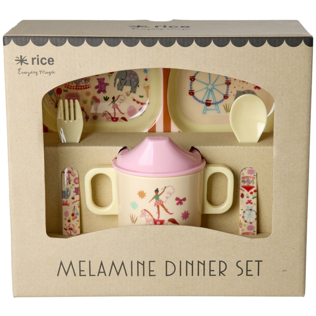 Rice Pink Fun Fair Print Melamine Baby Dinner Sett In Gift Box 4 Pcs