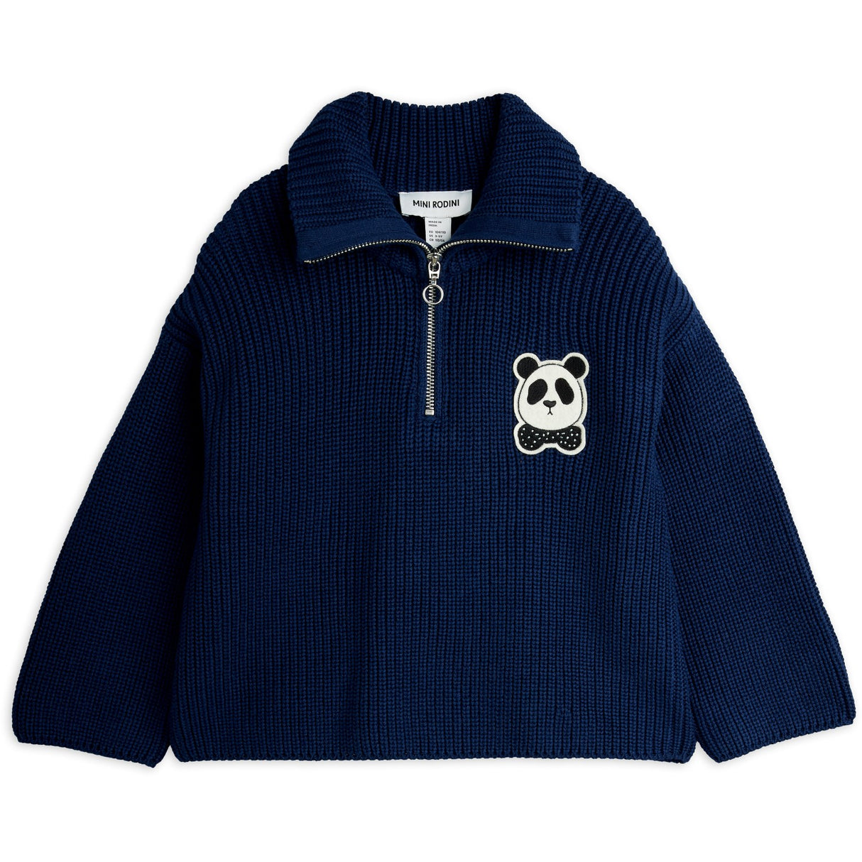 Mini Rodini Blue Panda Patch Chunky Stickad Half Zip Sweater