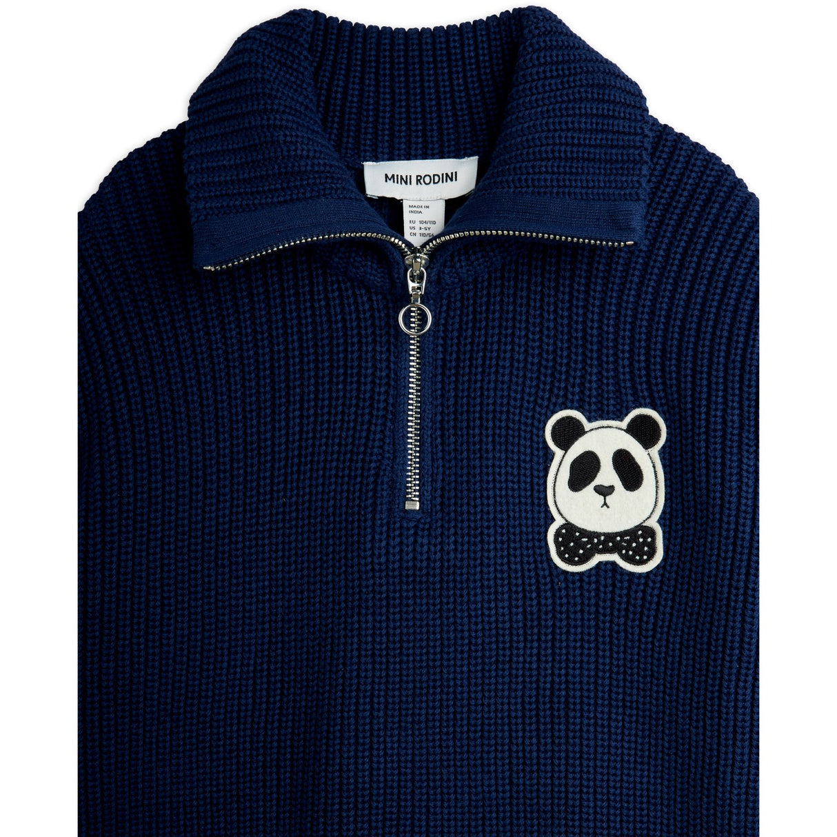 Mini Rodini Blue Panda Patch Chunky Stickad Half Zip Sweater