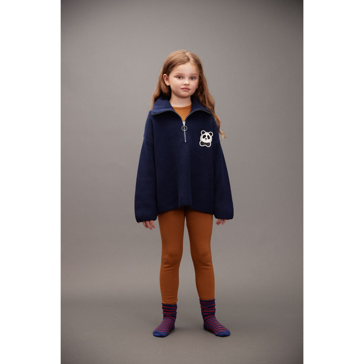 Mini Rodini Blue Panda Patch Chunky Stickad Half Zip Sweater