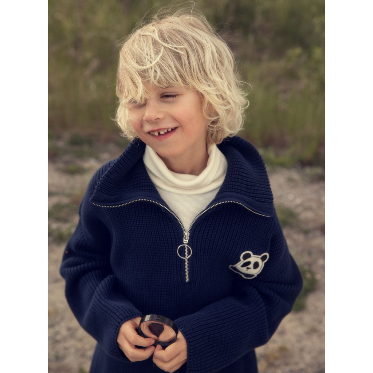 Mini Rodini Blue Panda Patch Chunky Stickad Half Zip Sweater