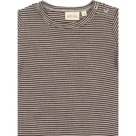 Petit Piao Coffee Bean/Dark Off White PPDante T-Shirt L/S Meriono Ull Striped