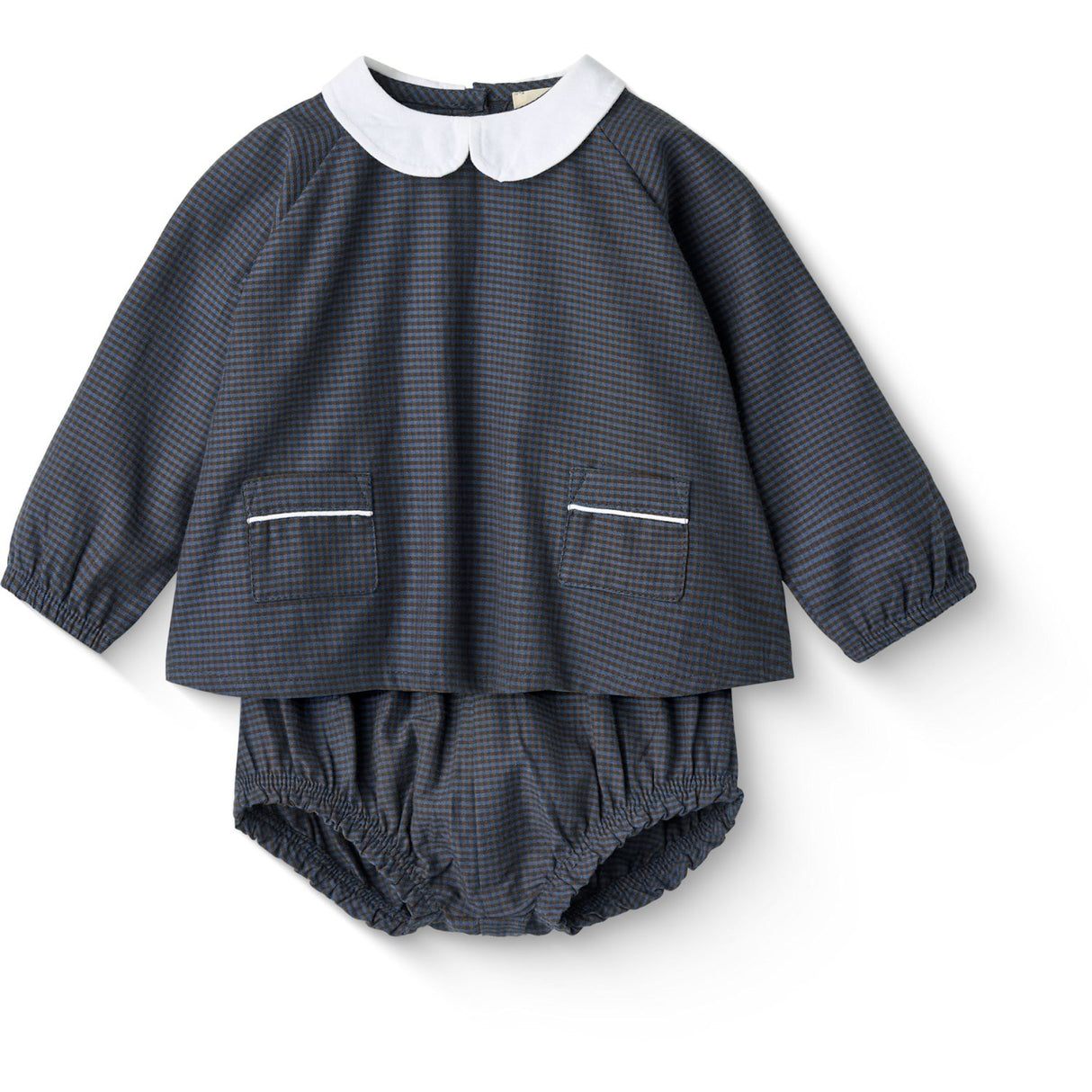 COPENHAGEN COLORS Brown/Blue Check Comb. Checkered Baby-Set W. Blus Och Bloomer