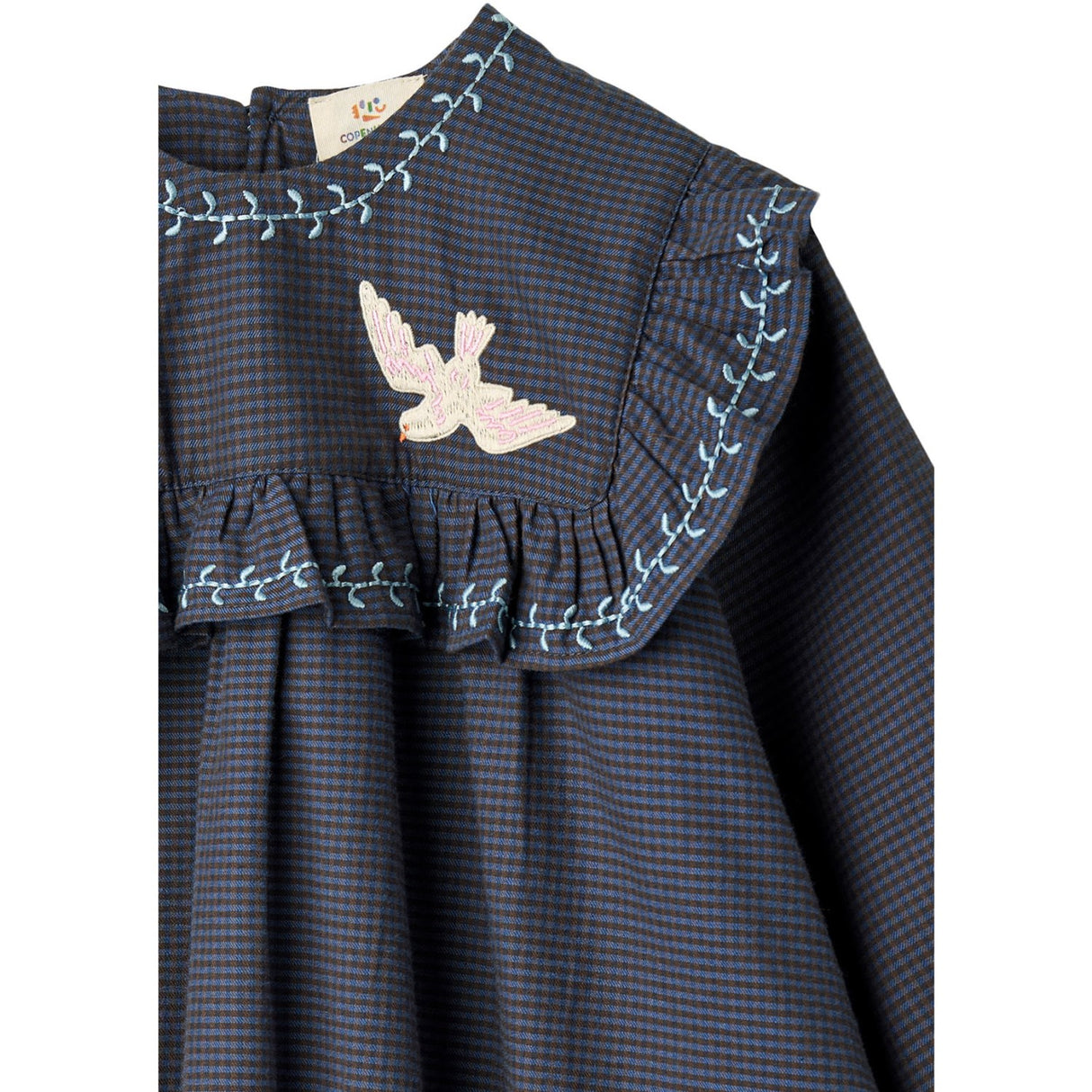 COPENHAGEN COLORS Brown/Blue Check Comb. Checkered Klänning W. Embroidery Och Ruffle