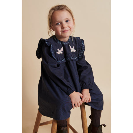 COPENHAGEN COLORS Brown/Blue Check Comb. Checkered Klänning W. Embroidery Och Ruffle