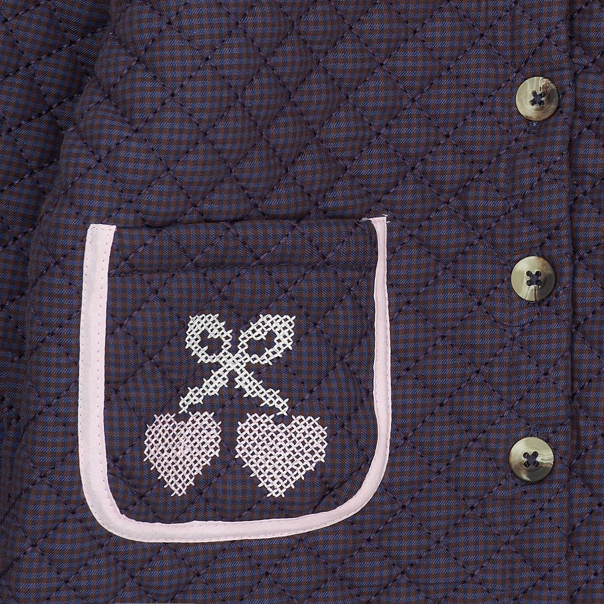 COPENHAGEN COLORS Brown/Blue Check Comb. Checkered Quiltad Jacka W. Embroidery