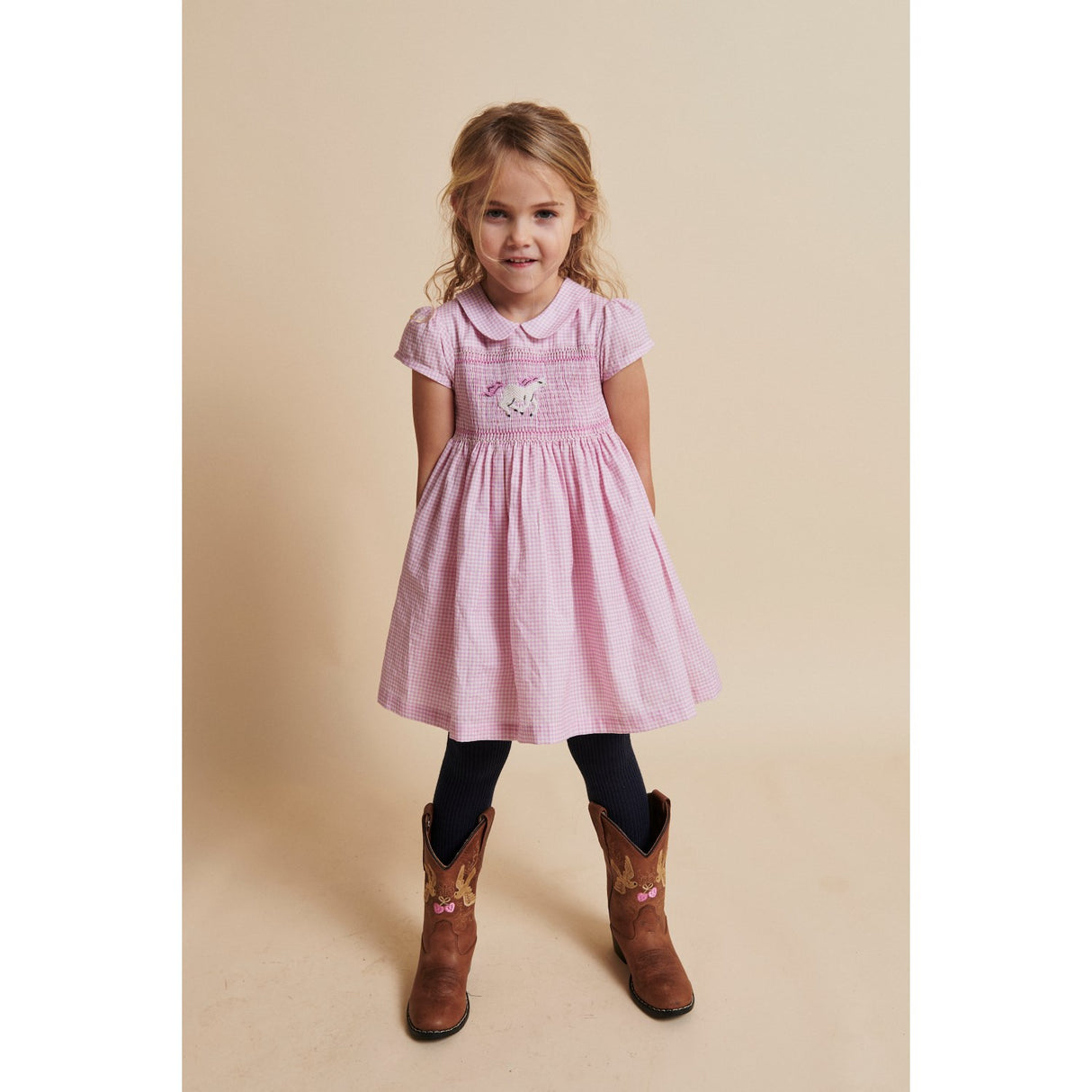 COPENHAGEN COLORS Syringa Comb. Houndstooth Klänning W. Handmade Unicorn Embroidery Och Smock