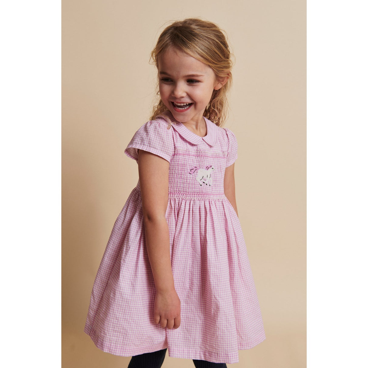 COPENHAGEN COLORS Syringa Comb. Houndstooth Klänning W. Handmade Unicorn Embroidery Och Smock