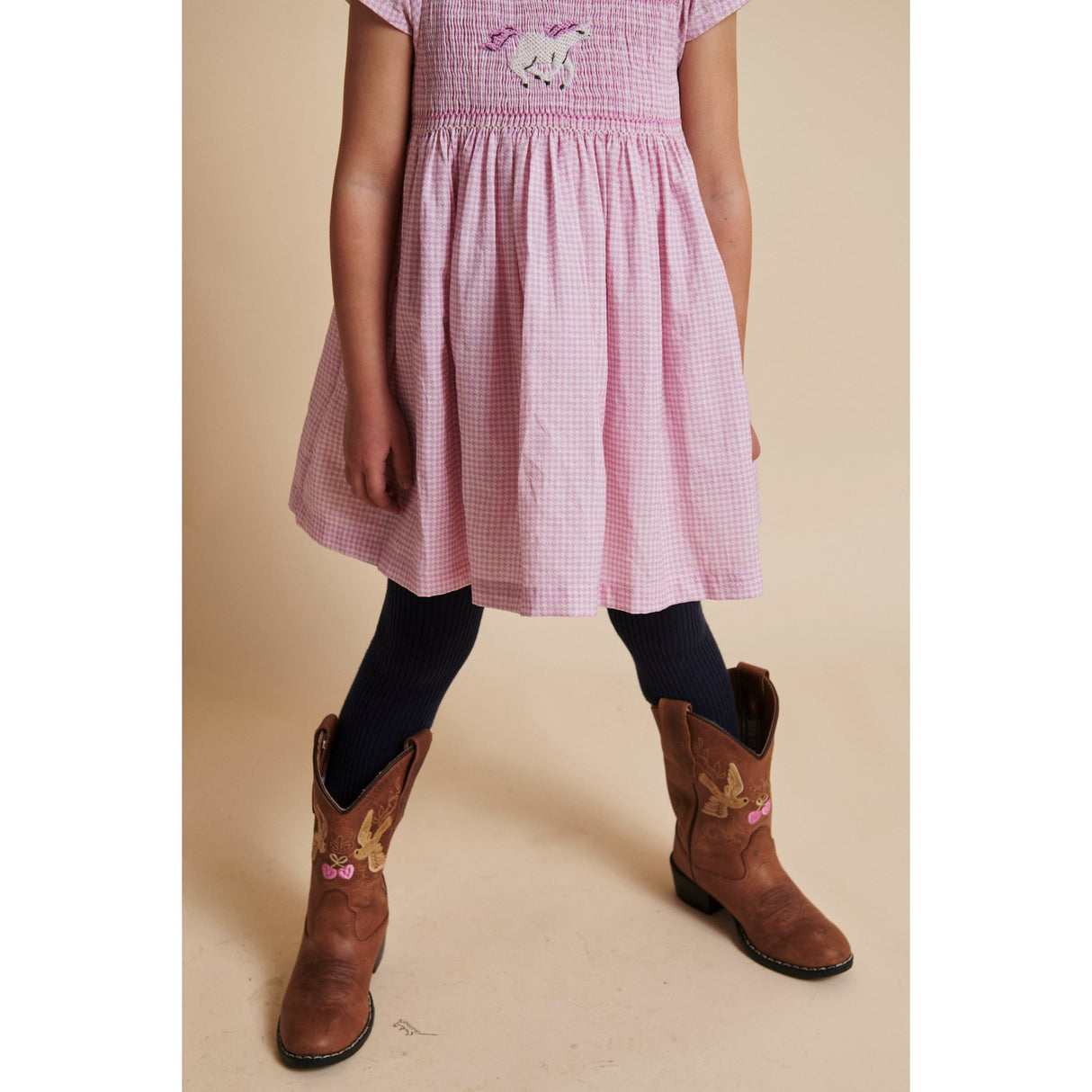 COPENHAGEN COLORS Syringa Comb. Houndstooth Klänning W. Handmade Unicorn Embroidery Och Smock
