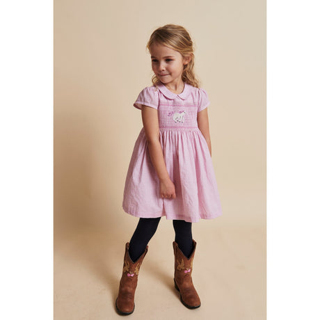 COPENHAGEN COLORS Syringa Comb. Houndstooth Klänning W. Handmade Unicorn Embroidery Och Smock