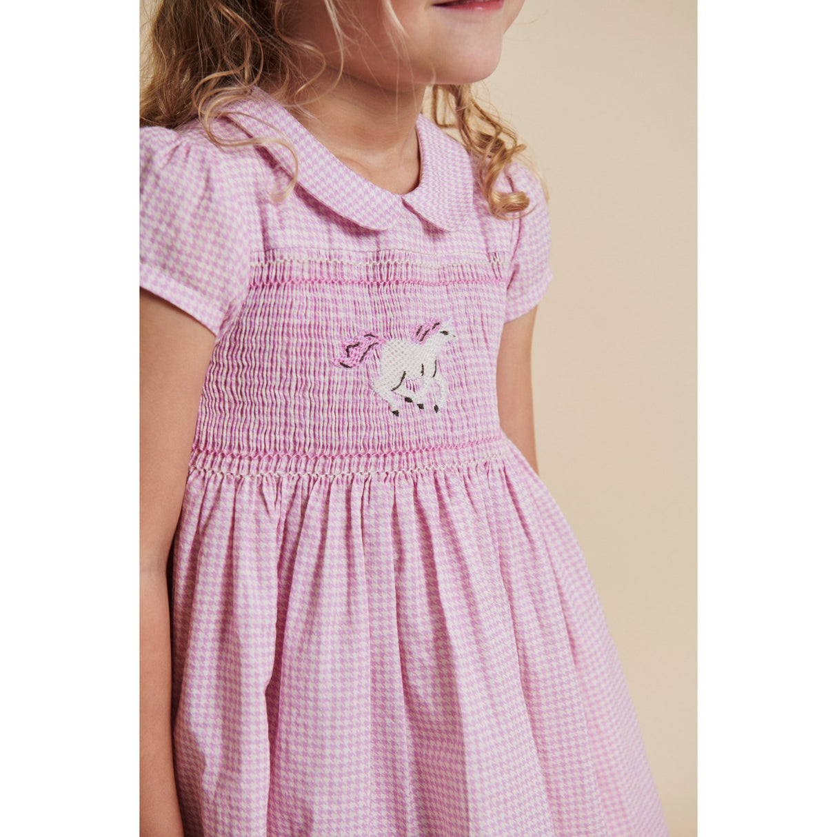 COPENHAGEN COLORS Syringa Comb. Houndstooth Klänning W. Handmade Unicorn Embroidery Och Smock