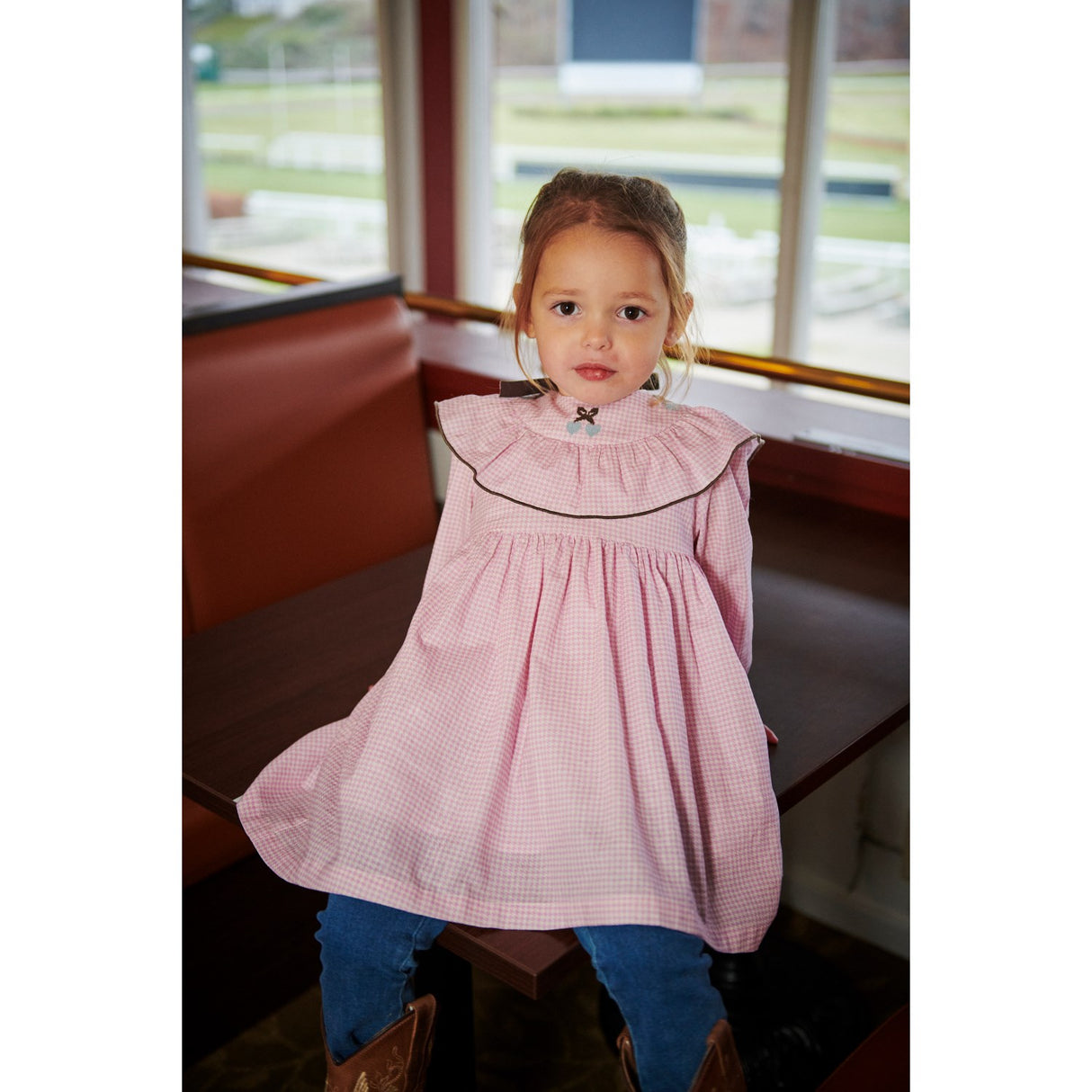 COPENHAGEN COLORS Syringa Comb. Houndstooth Frill Klänning W. Embroidery