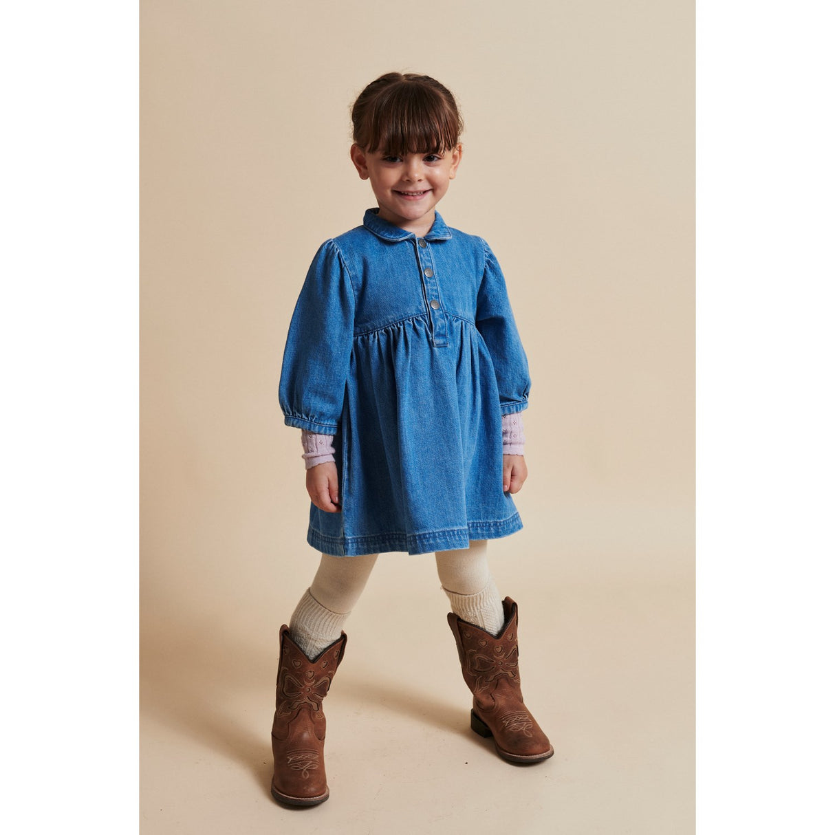 COPENHAGEN COLORS Indigo Blue Washed Organic Denim Klänning W. Puff Ärmar