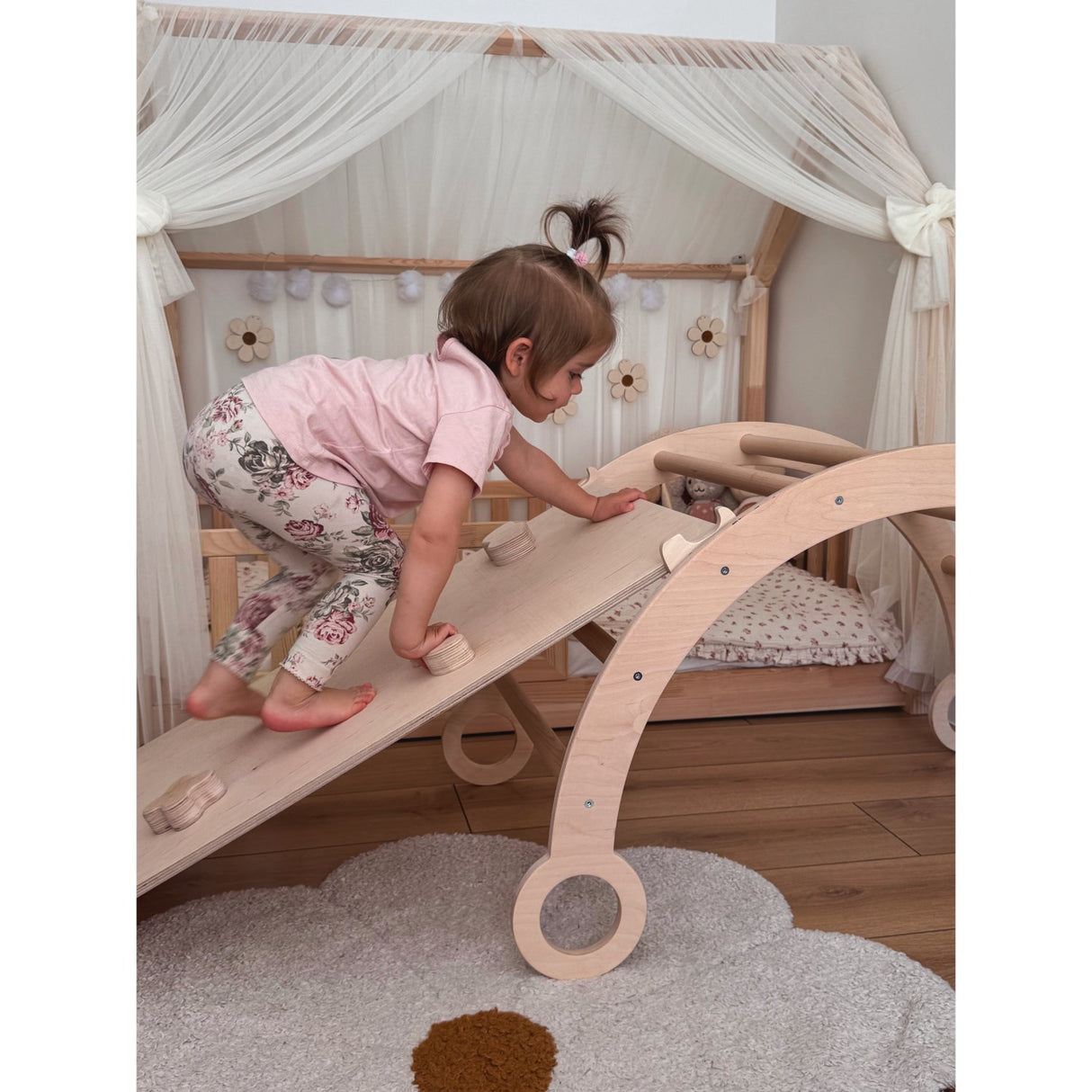 Woobiboo Natural Montessori Rocker Med Beige Madras Och Slide-Climber L