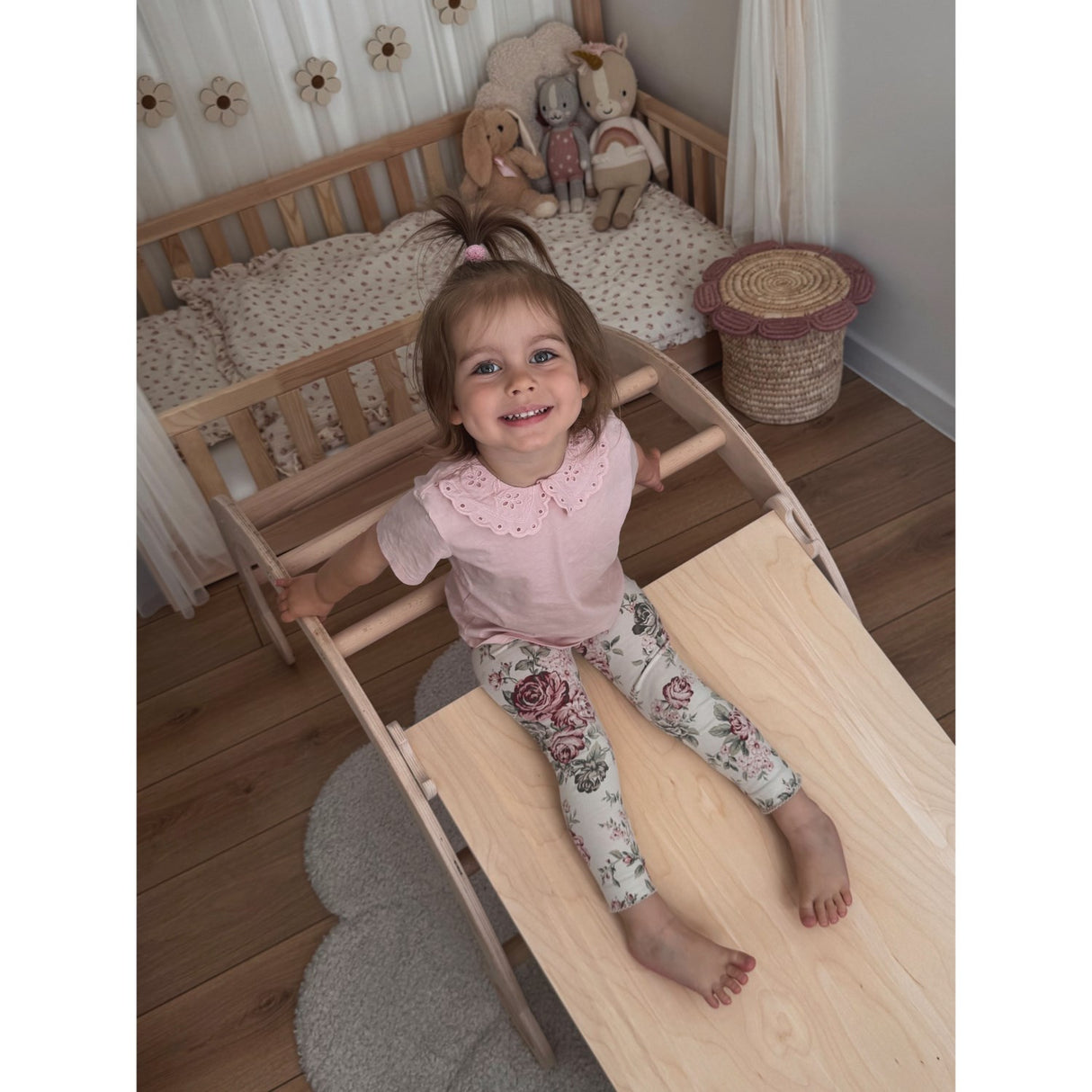 Woobiboo Natural Montessori Rocker Med Beige Madras Och Slide-Climber L