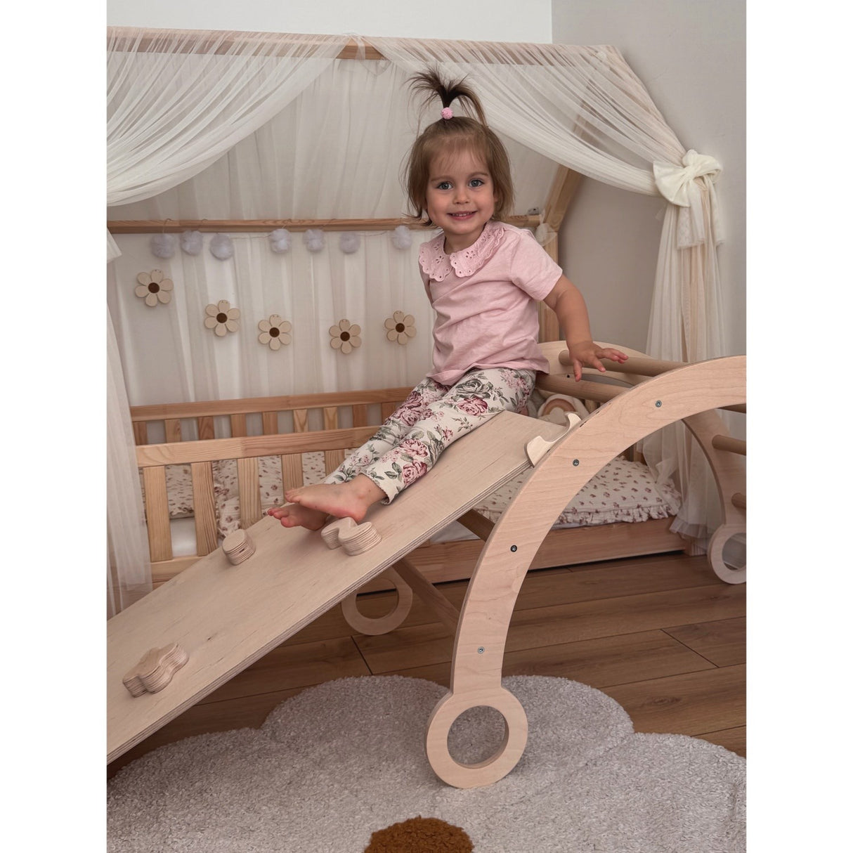 Woobiboo Natural Montessori Rocker Med Beige Madras Och Slide-Climber L