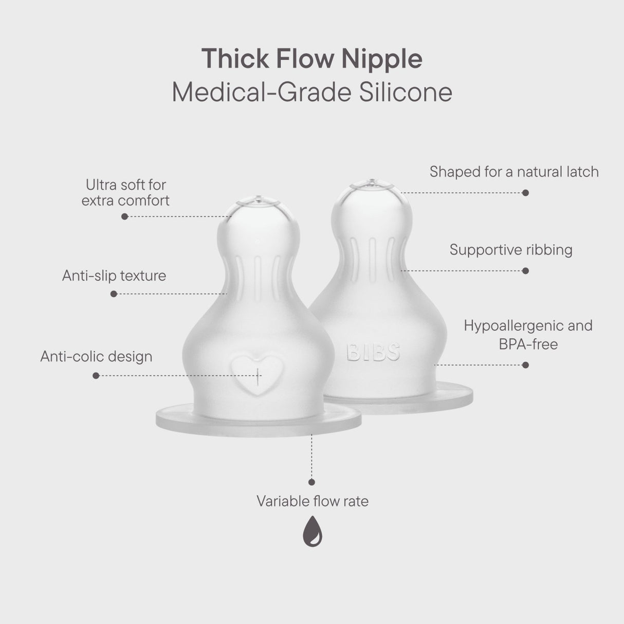 Bibs Baby Flaska Nipple Round Silikon 2-Pack Thick Flow