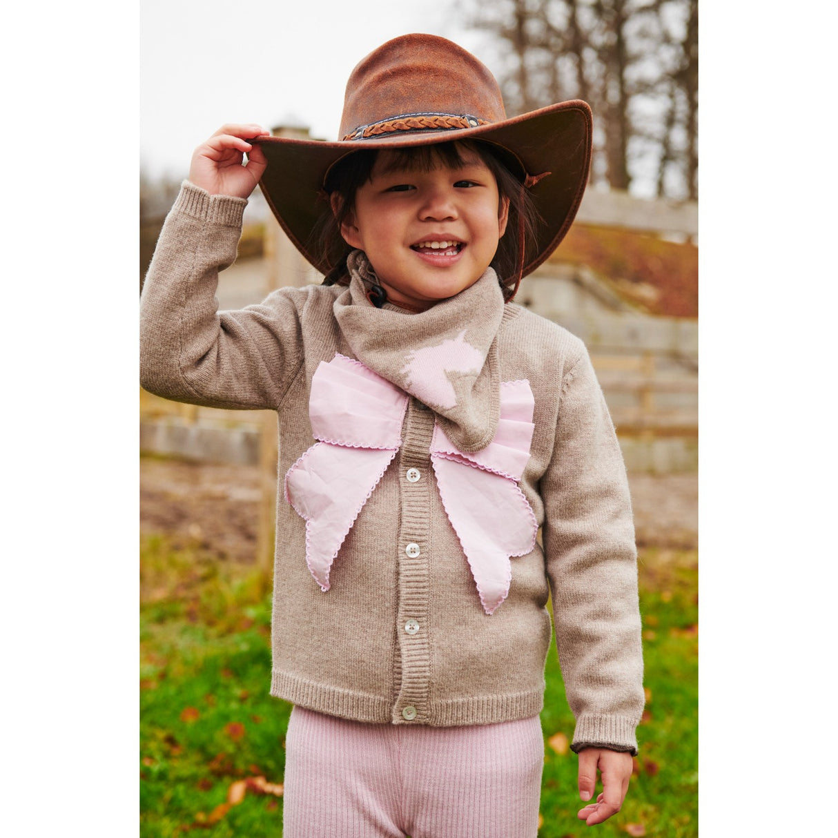 COPENHAGEN COLORS Sand/Lavender Comb. Cashmere Cardigan W. Poplin Rosett