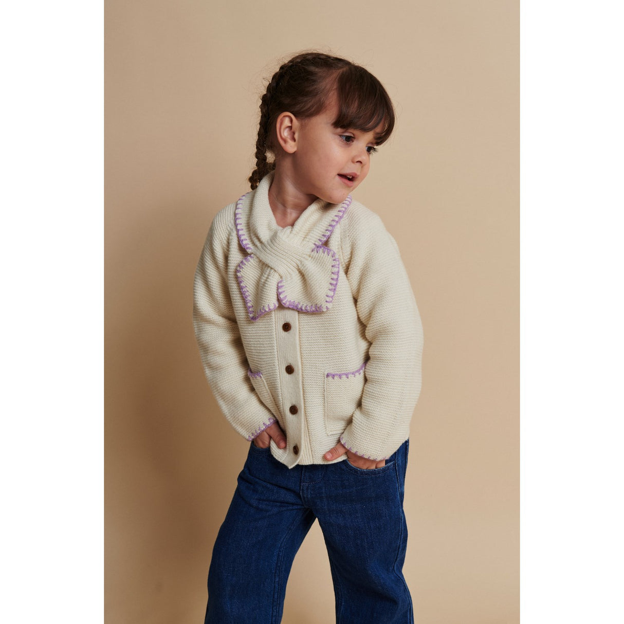 COPENHAGEN COLORS Cream/Lavender Comb Lambswool Cardigan W. Krage