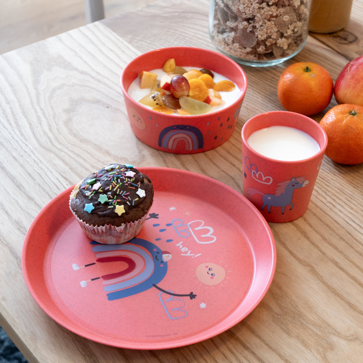 Koziol Organic Coral Red Small Tallrik + Skål + Kopp Connect Dreams