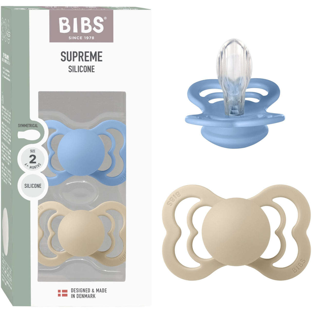 Bibs Vanilla/Sky Blue Napp Supreme 2-Pack Silikon