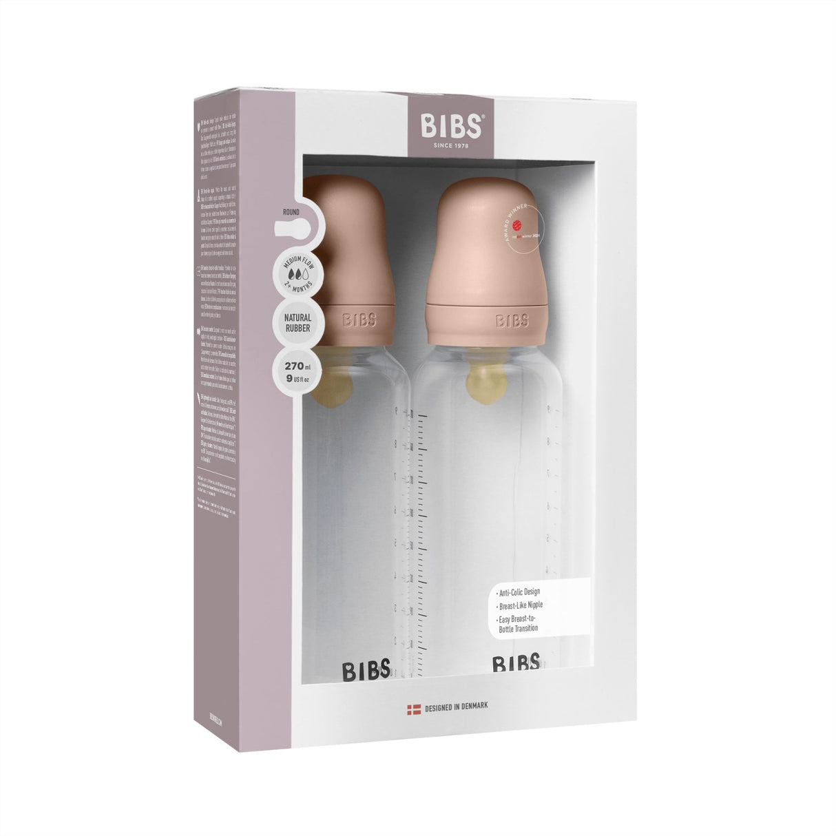 Bibs Blush Baby Flaska Round Latex 2-Pack 270 Ml Medium Flow