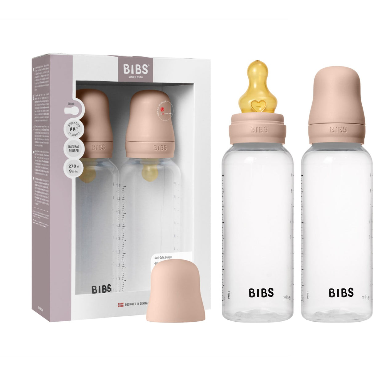 Bibs Blush Baby Flaska Round Latex 2-Pack 270 Ml Medium Flow