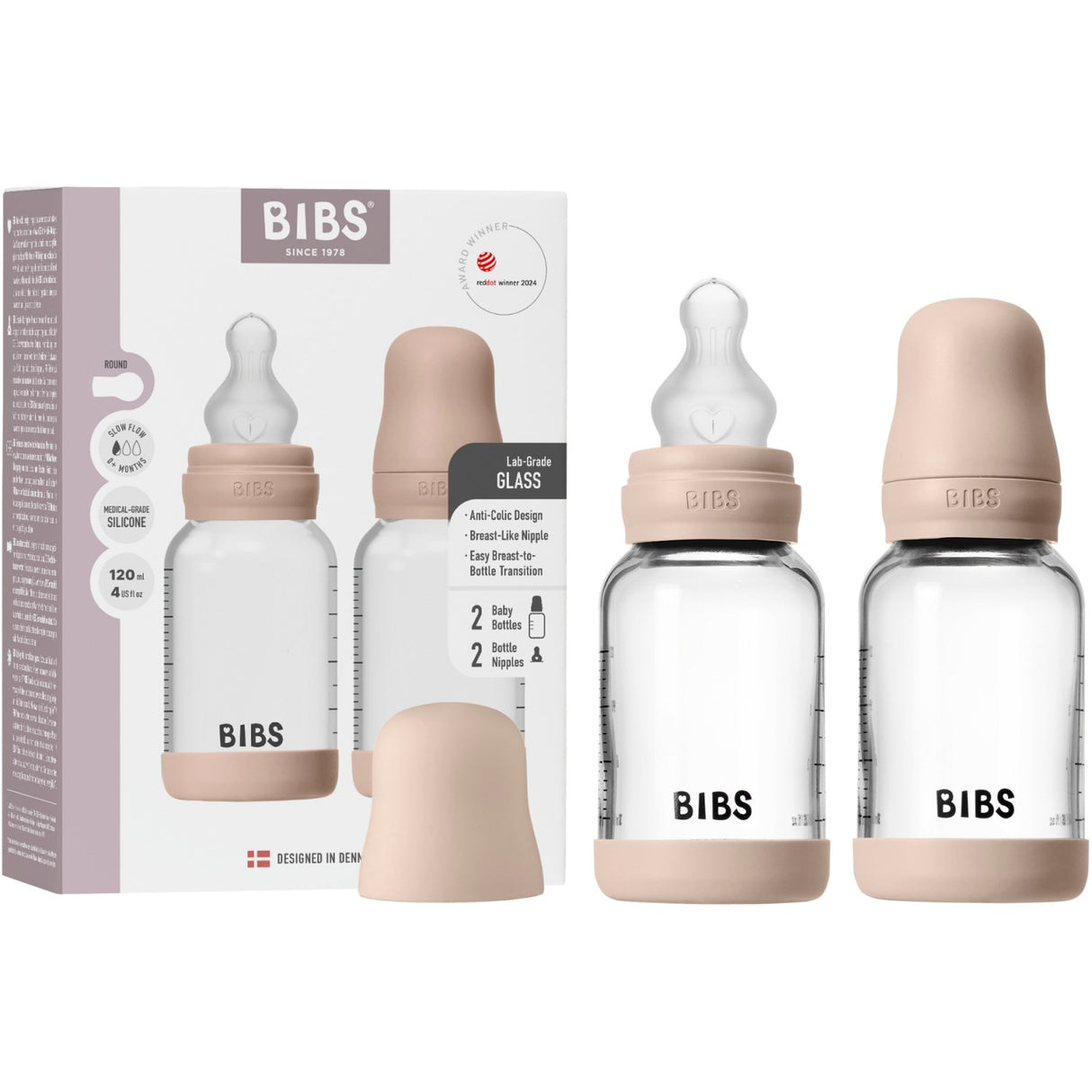 Bibs Blush Glass Baby Flaska Round Silikon 2-Pack 120 Ml Slow Flow